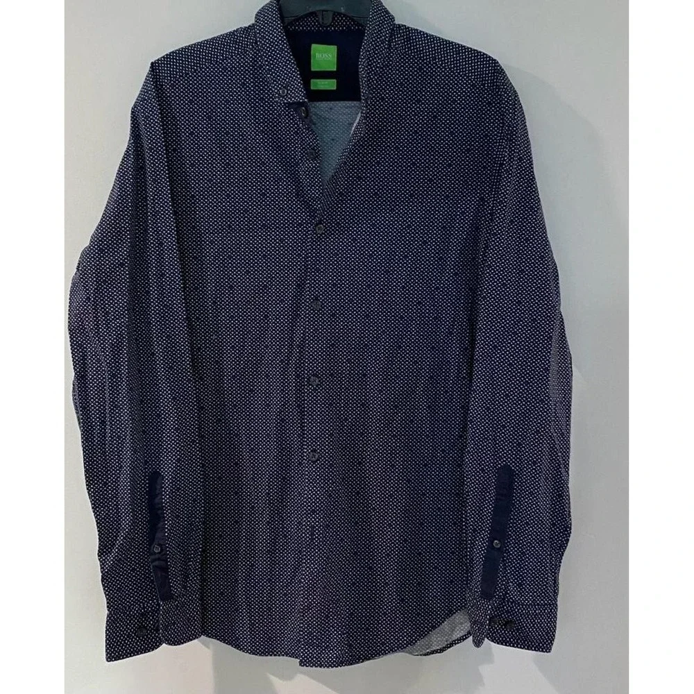 HUGO BOSS Men's Long‎ Sleeve Button-Up Shirt Navy Polka Dot Size Large